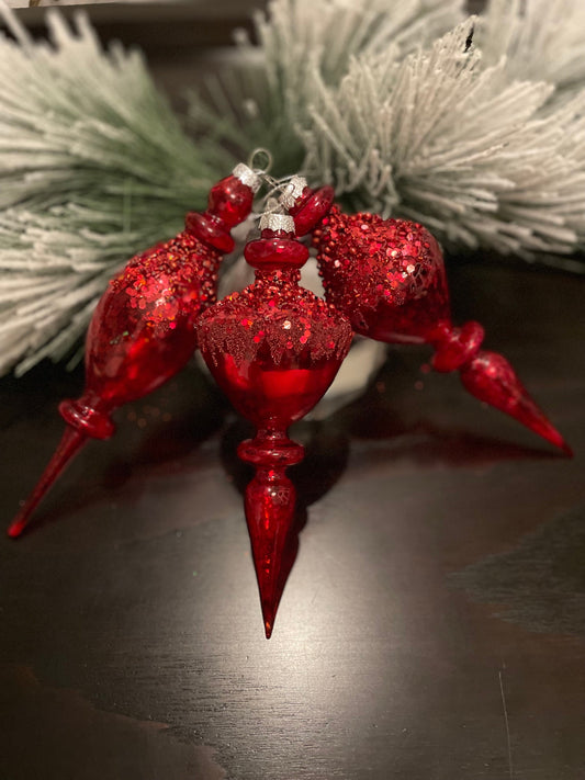 Set of 3. 8.5” Red beaded glass finial ornament.