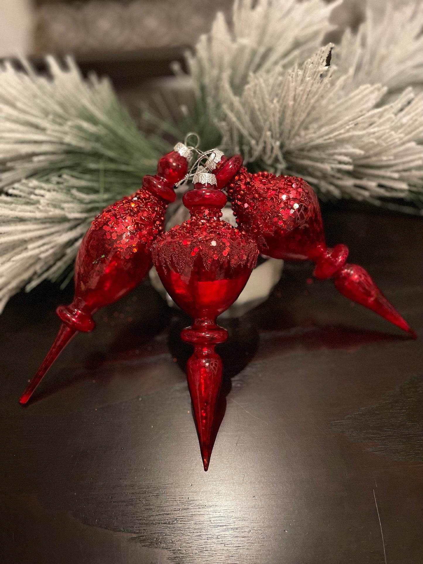 Set of 3. 8.5” Red beaded glass finial ornament.