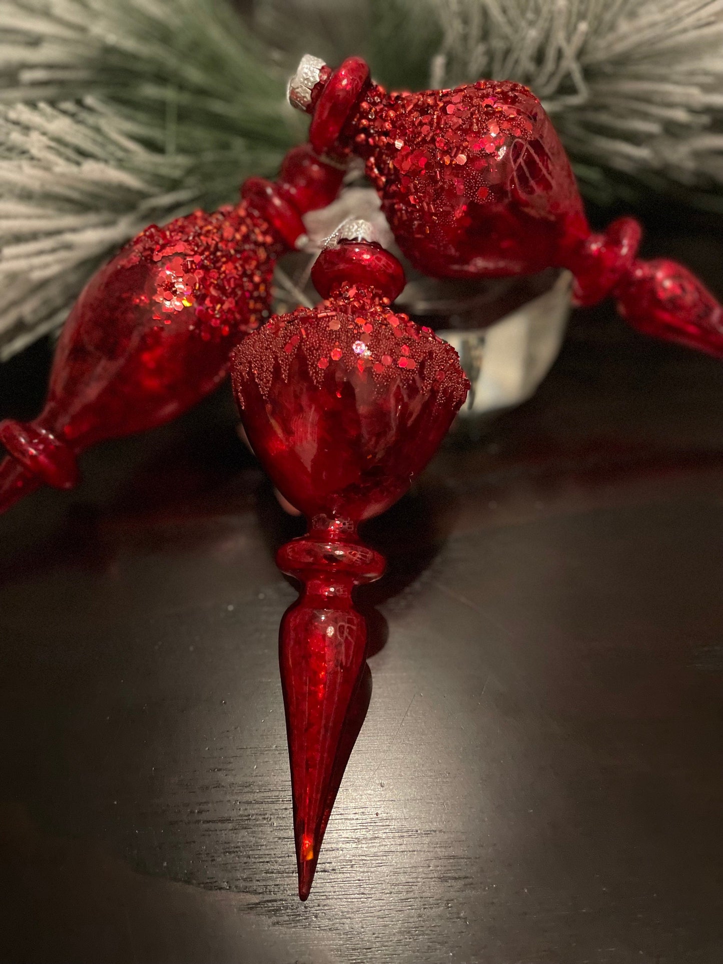 Set of 3. 8.5” Red beaded glass finial ornament.
