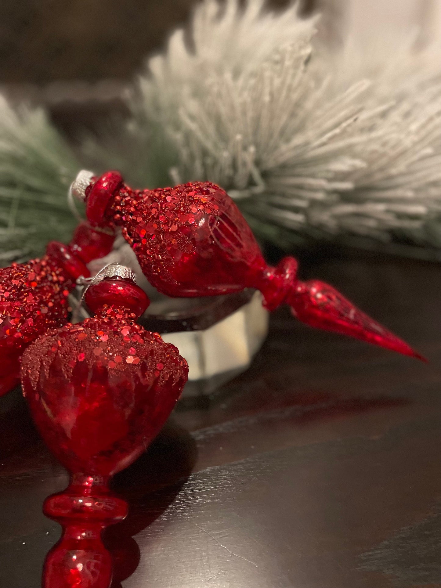 Set of 3. 8.5” Red beaded glass finial ornament.