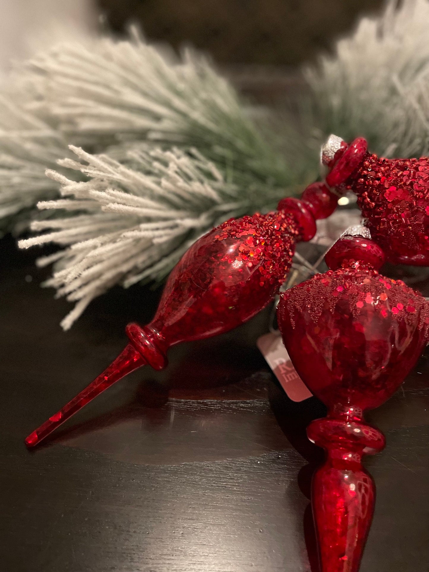 Set of 3. 8.5” Red beaded glass finial ornament.