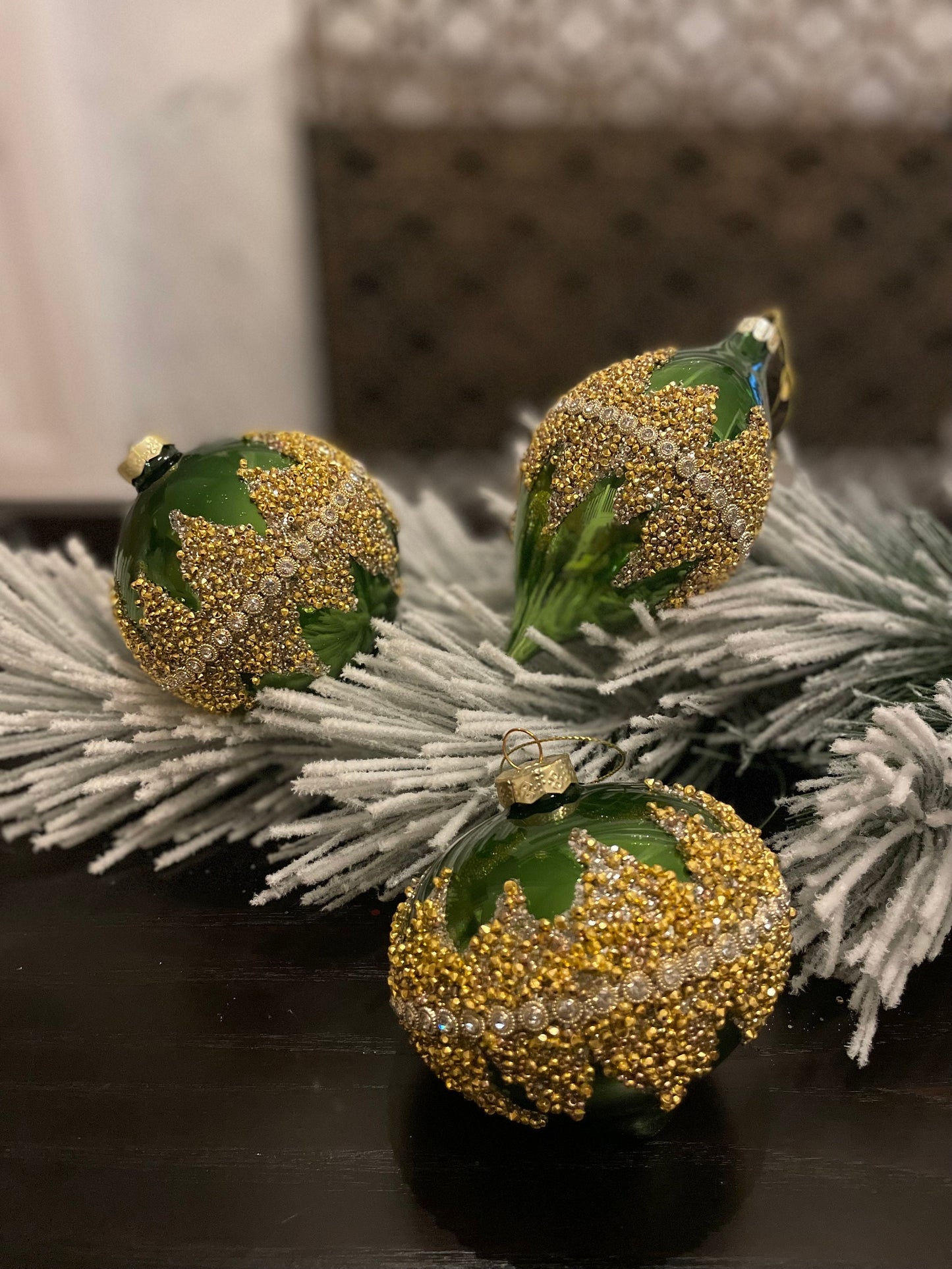 4" Green beaded glass ornaments set of 3. Ball, onion and finial.*