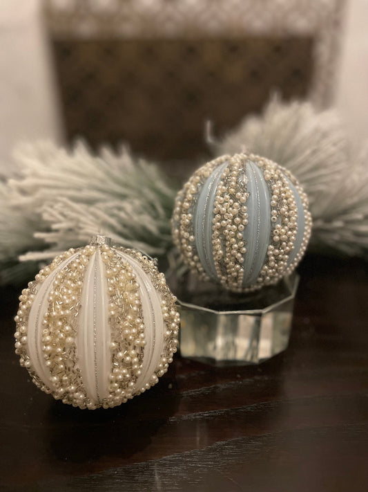 Set of 2. 4" Beaded ball ornament. White and blue.