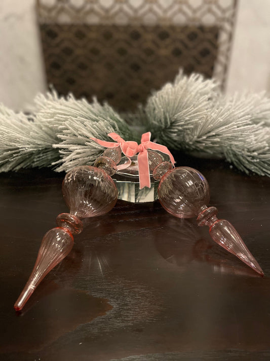 Set of 2. 11” Clear pink blown glass finial ornament.