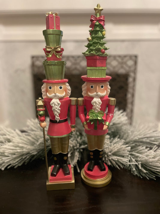 Set of 2. 19.5” Tree hat nutcracker. Pink. Resin.