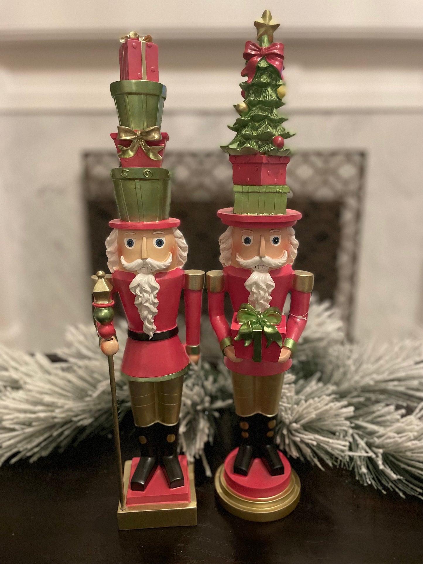 Set of 2. 19.5” Tree hat nutcracker. Pink. Resin.