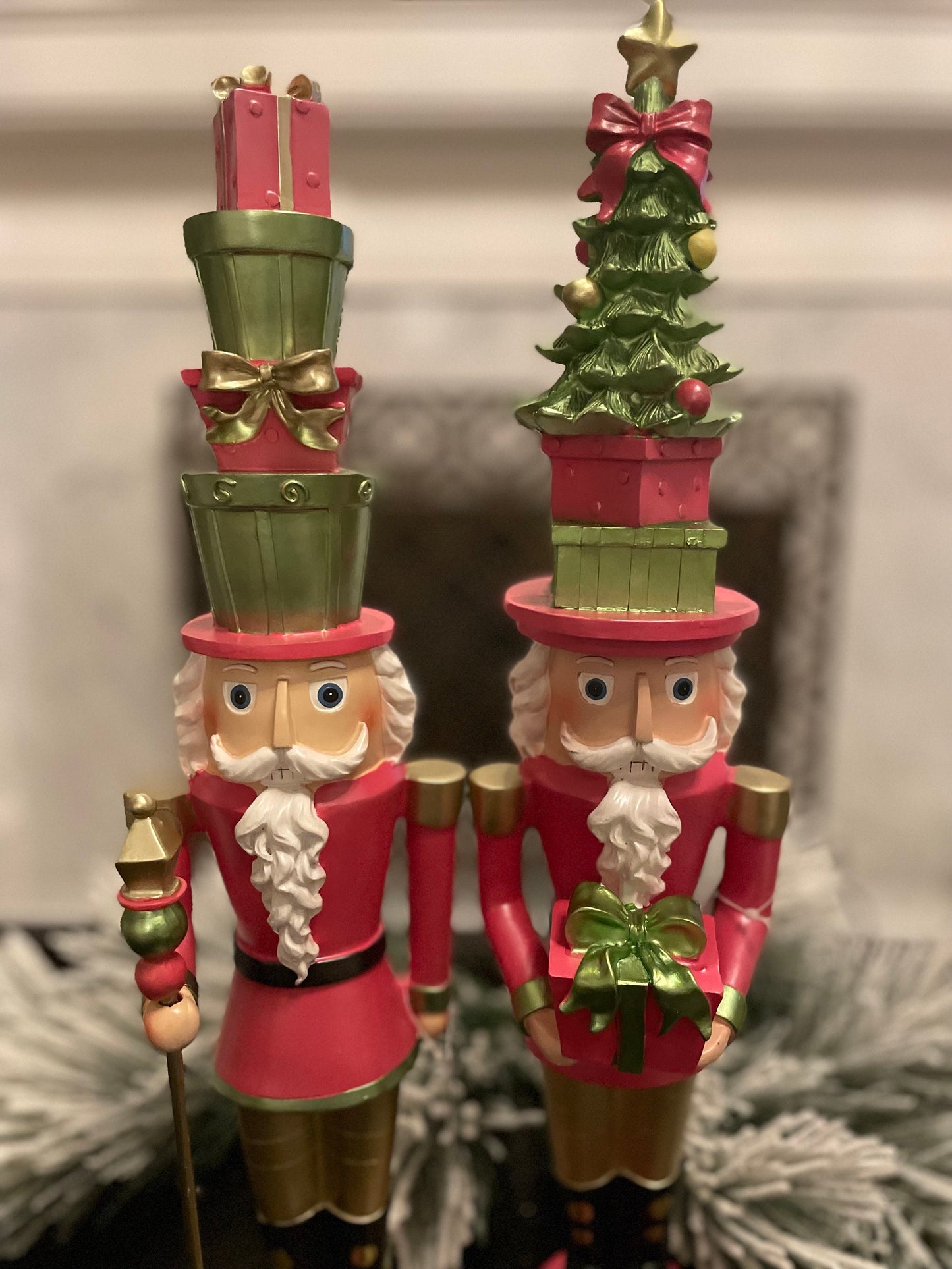 Set of 2. 19.5” Tree hat nutcracker. Pink. Resin.