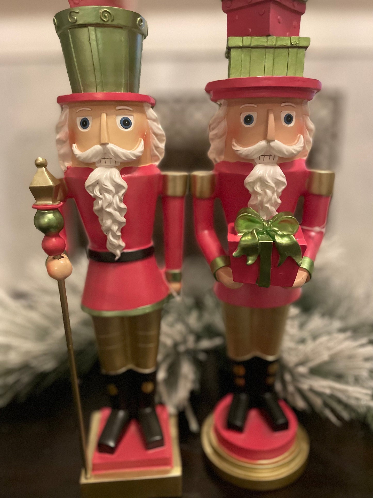 Set of 2. 19.5” Tree hat nutcracker. Pink. Resin.