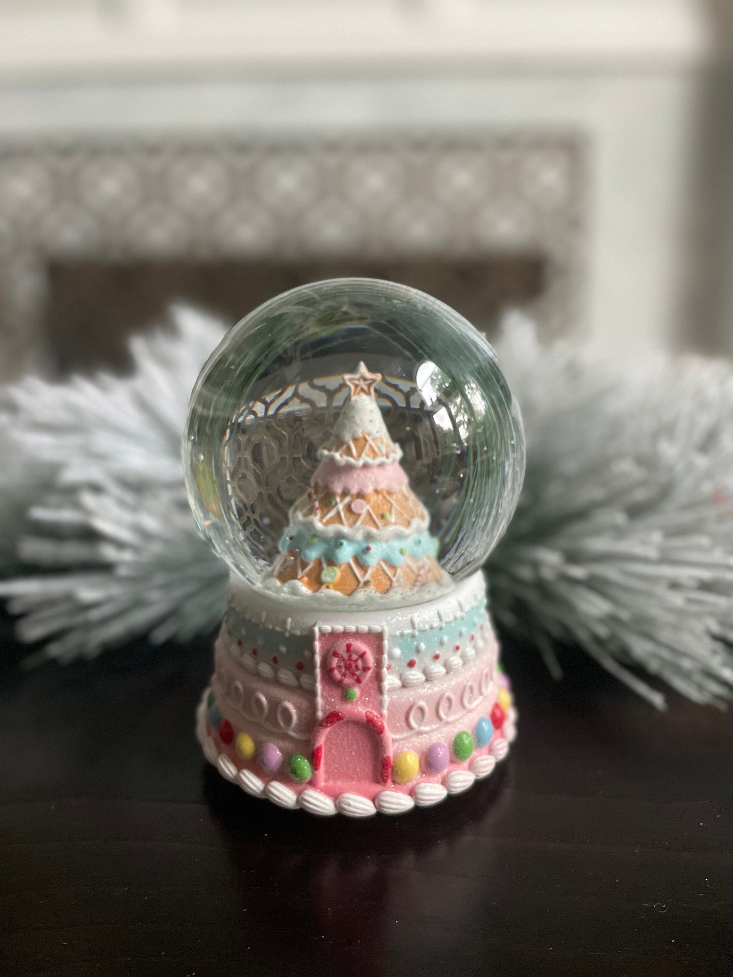 8” Musical gingerbread Christmas tree water globe. Pastel colors. Beautiful!