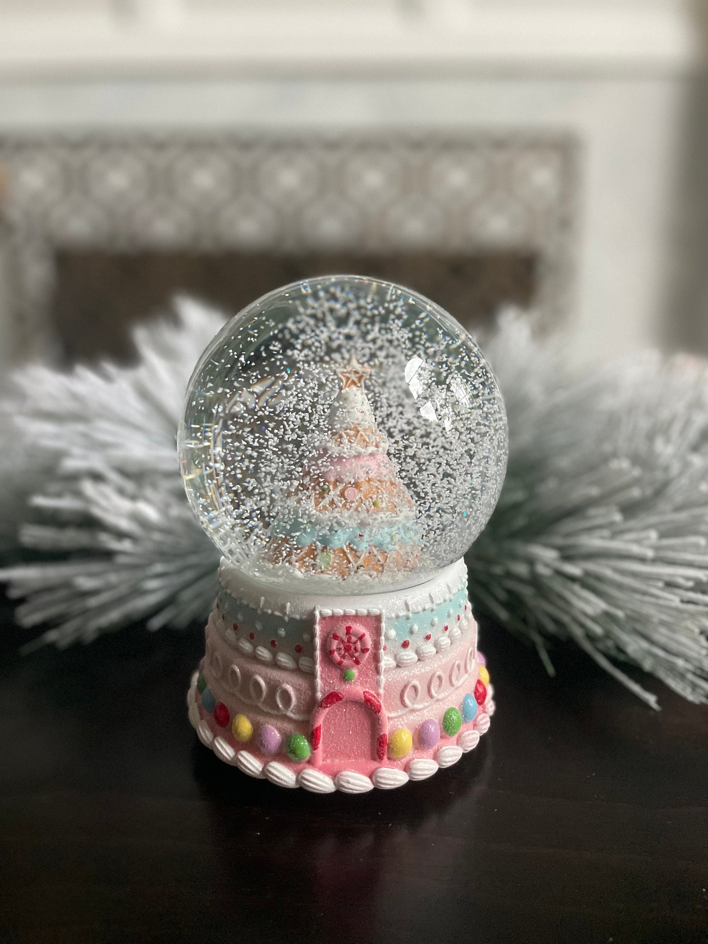 8” Musical gingerbread Christmas tree water globe. Pastel colors. Beautiful!