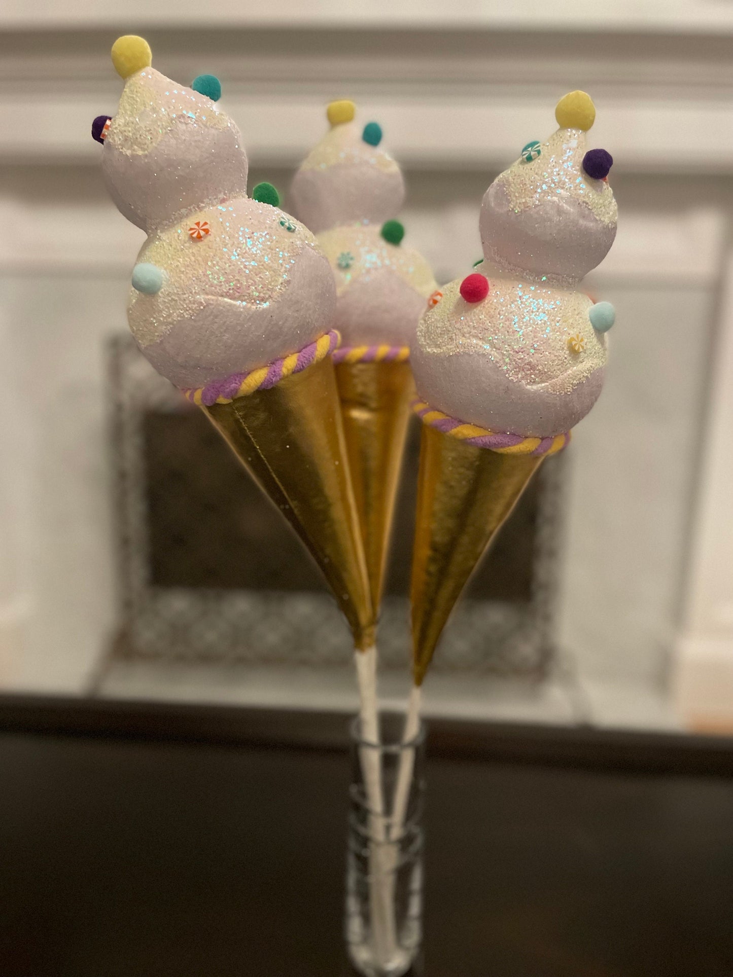13” Ice cream gold with sprinkles ornament. Set of 3.
