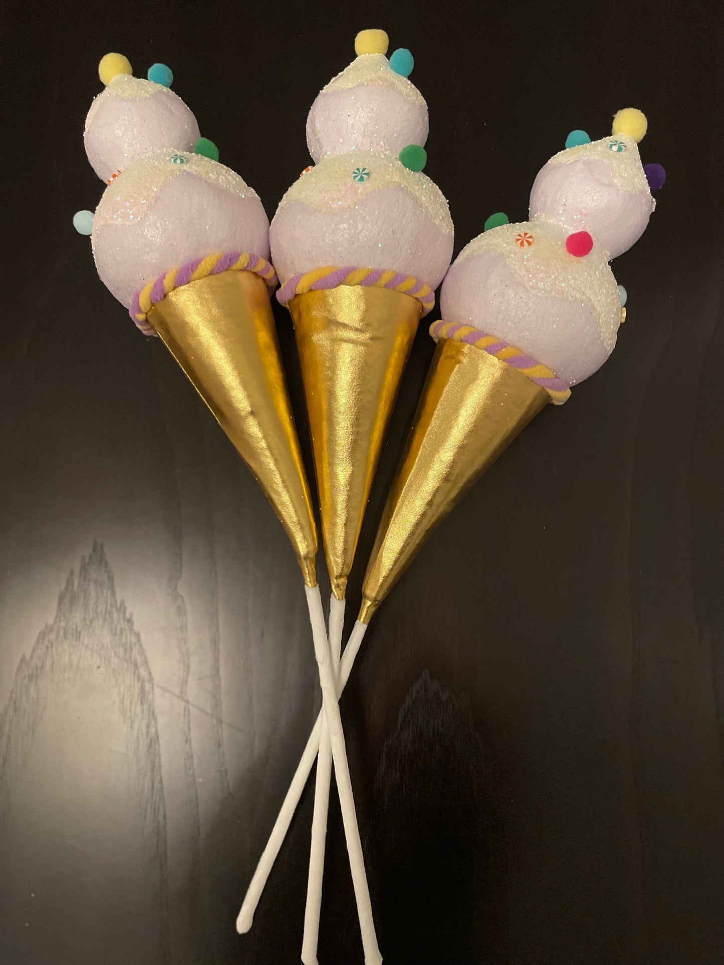 13” Ice cream gold with sprinkles ornament. Set of 3.