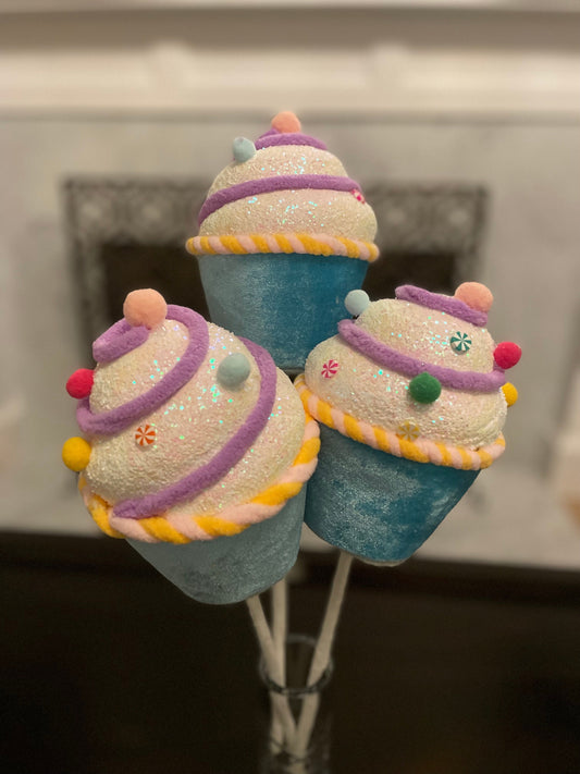 6.5” Blue Cupcake with sprinkles ornament. Set of 3.