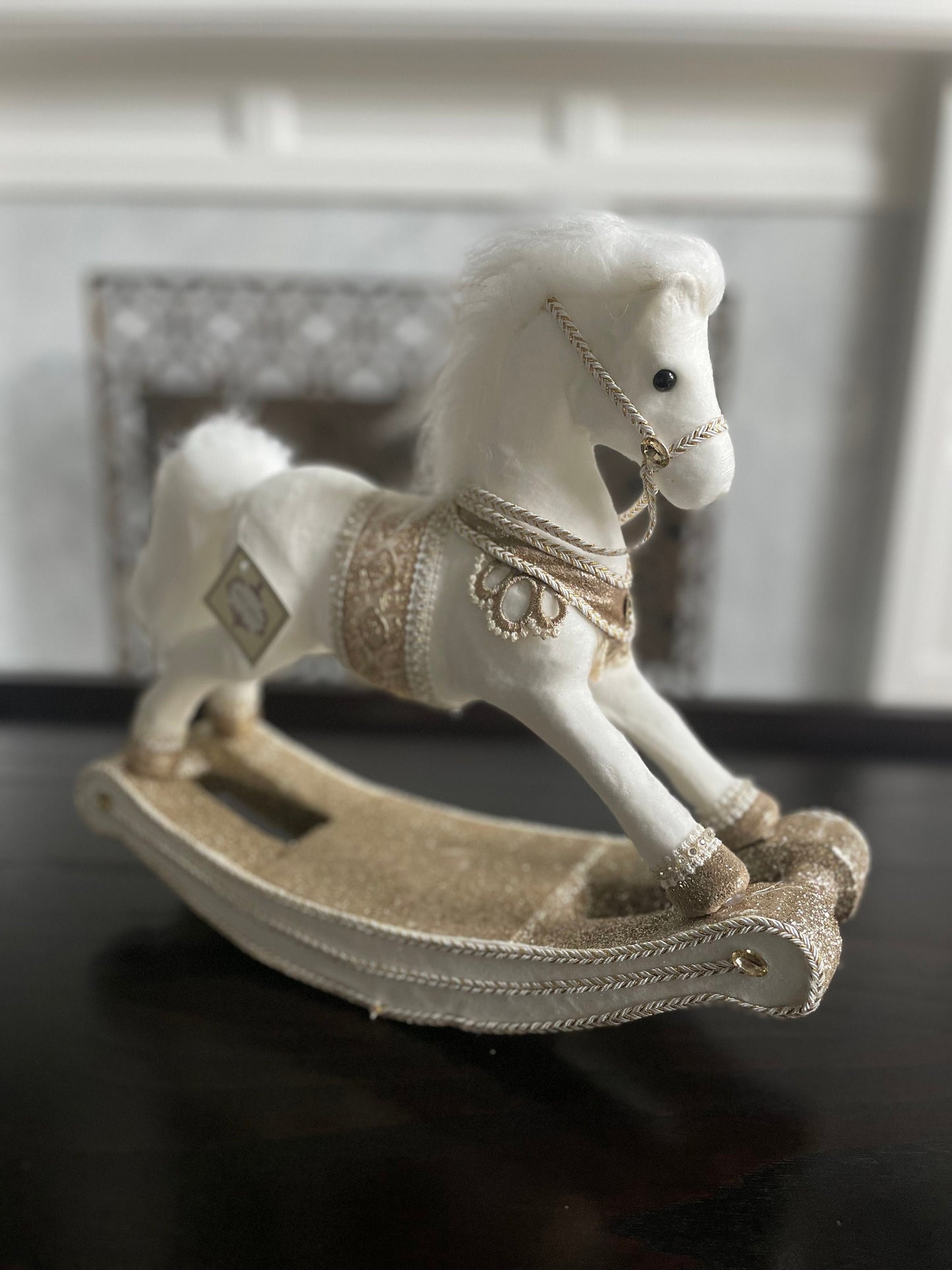 12”H x 15” L x 5” W. White Jeweled Rocking horse. Mark Roberts.