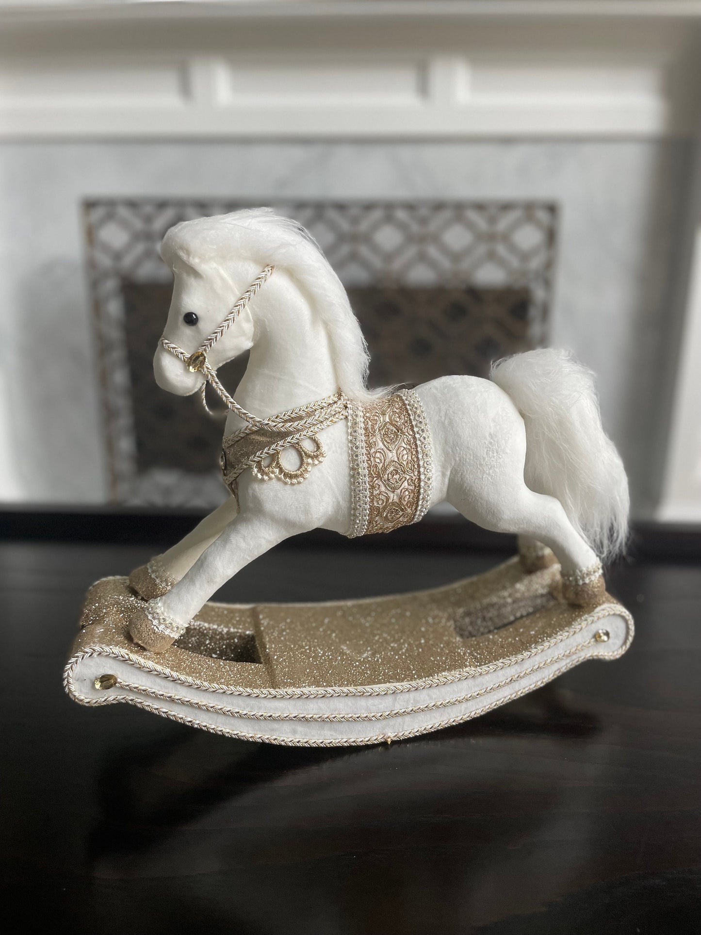 12”H x 15” L x 5” W. White Jeweled Rocking horse. Mark Roberts.