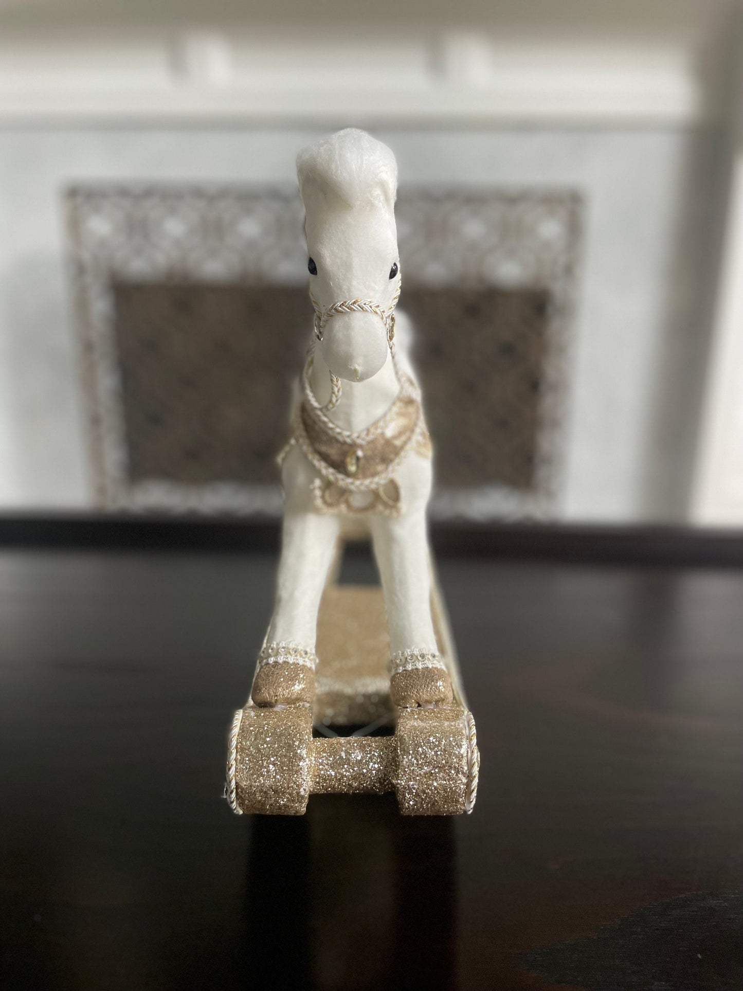 12”H x 15” L x 5” W. White Jeweled Rocking horse. Mark Roberts.