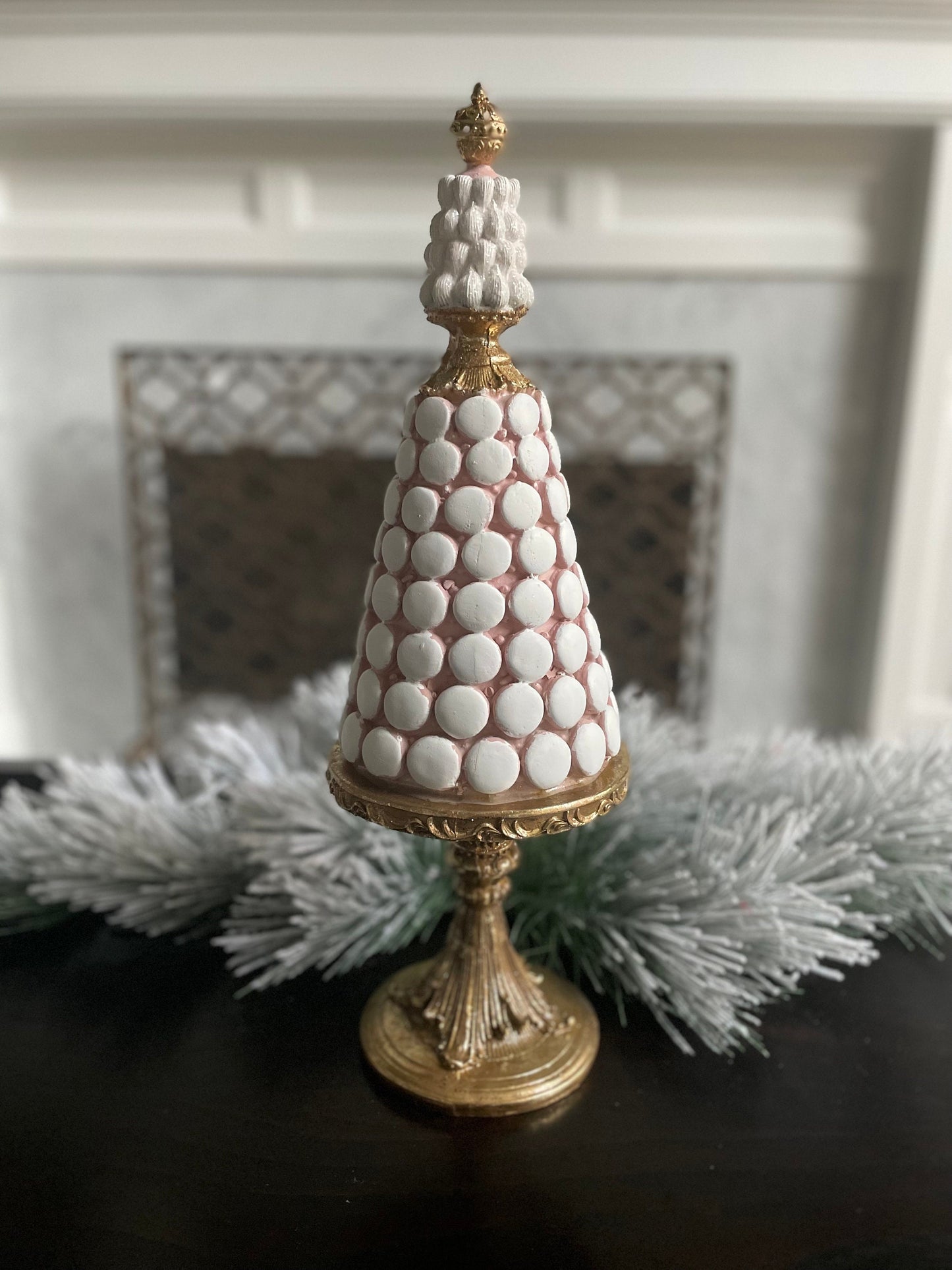 21”H x 7”W Macaroon tree. Christmas tree. Pink, white and gold.