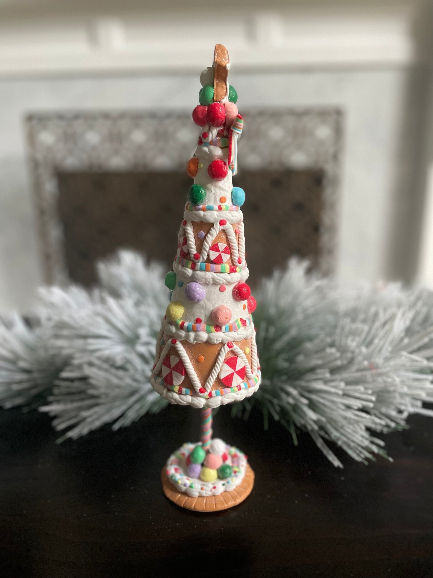 14.5”H x 3.5” W. Claydough gingerbread candy tree. Christmas. Multi color.