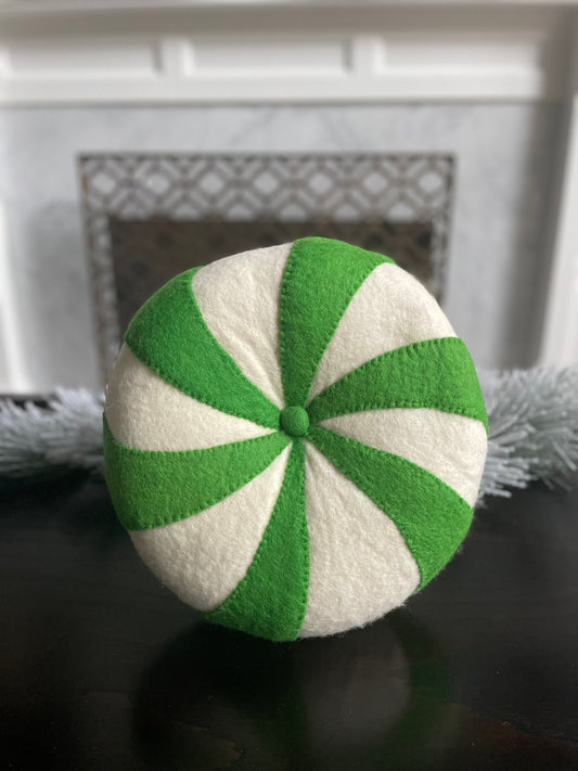 13" Peppermint candy ornament or pillow. Green and white.
