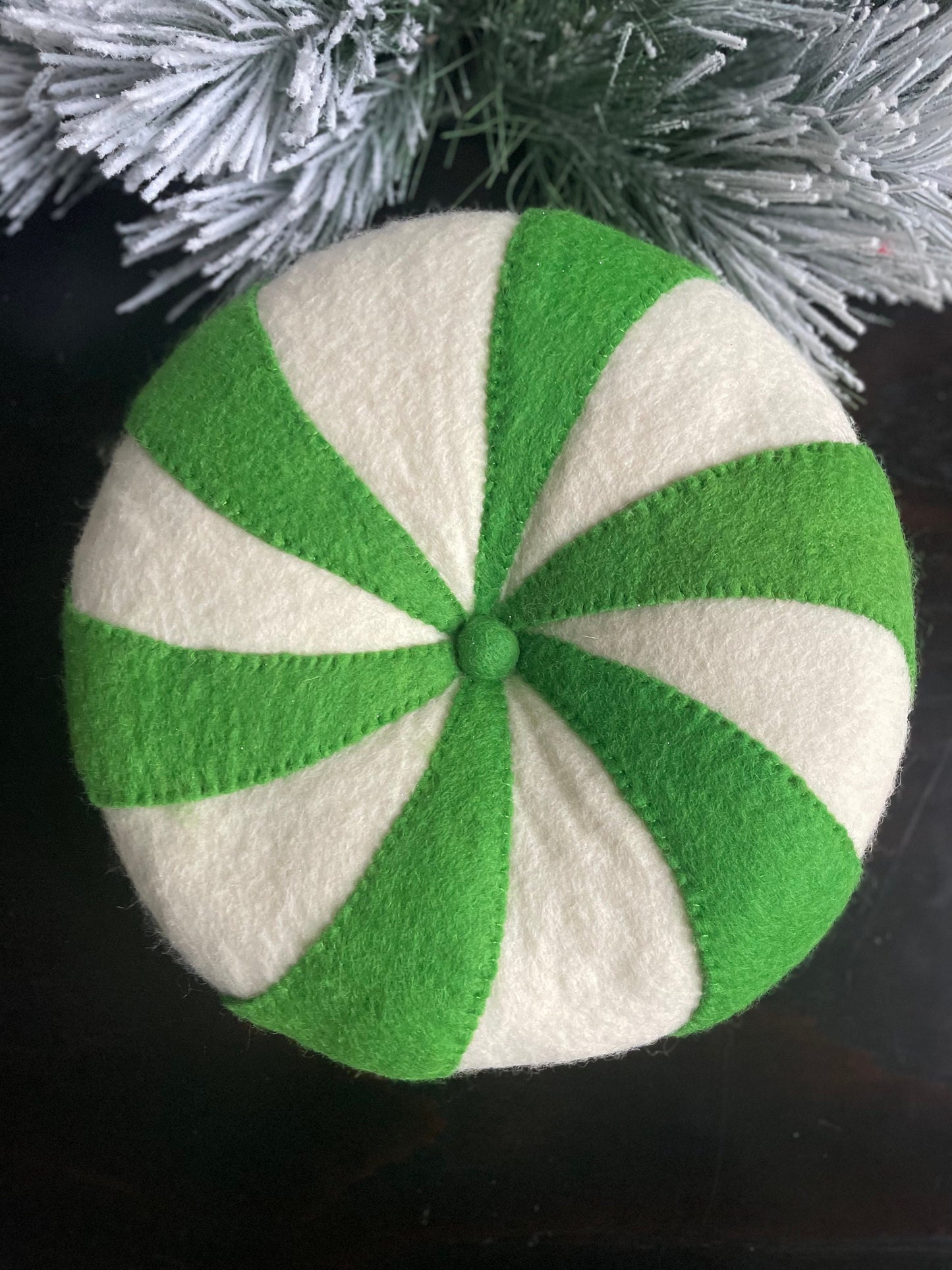 13" Peppermint candy ornament or pillow. Green and white.