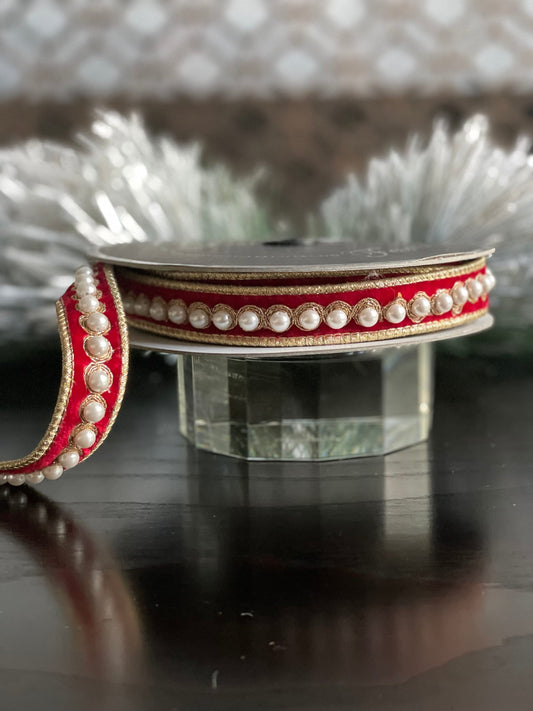 1” x 5 yds. Designer pearl borders red velvet wired ribbon.