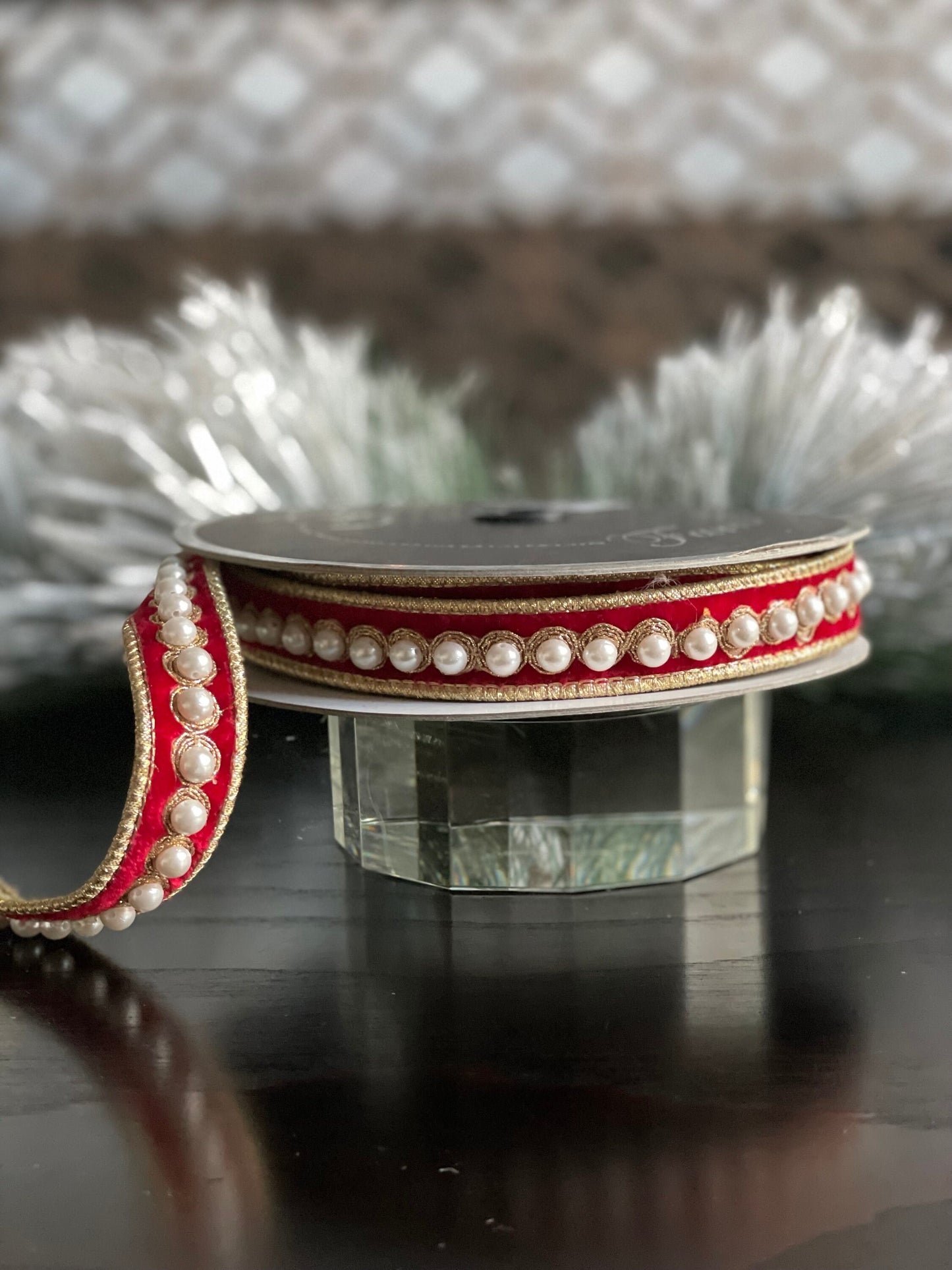 1” x 5 yds. Designer pearl borders red velvet wired ribbon.