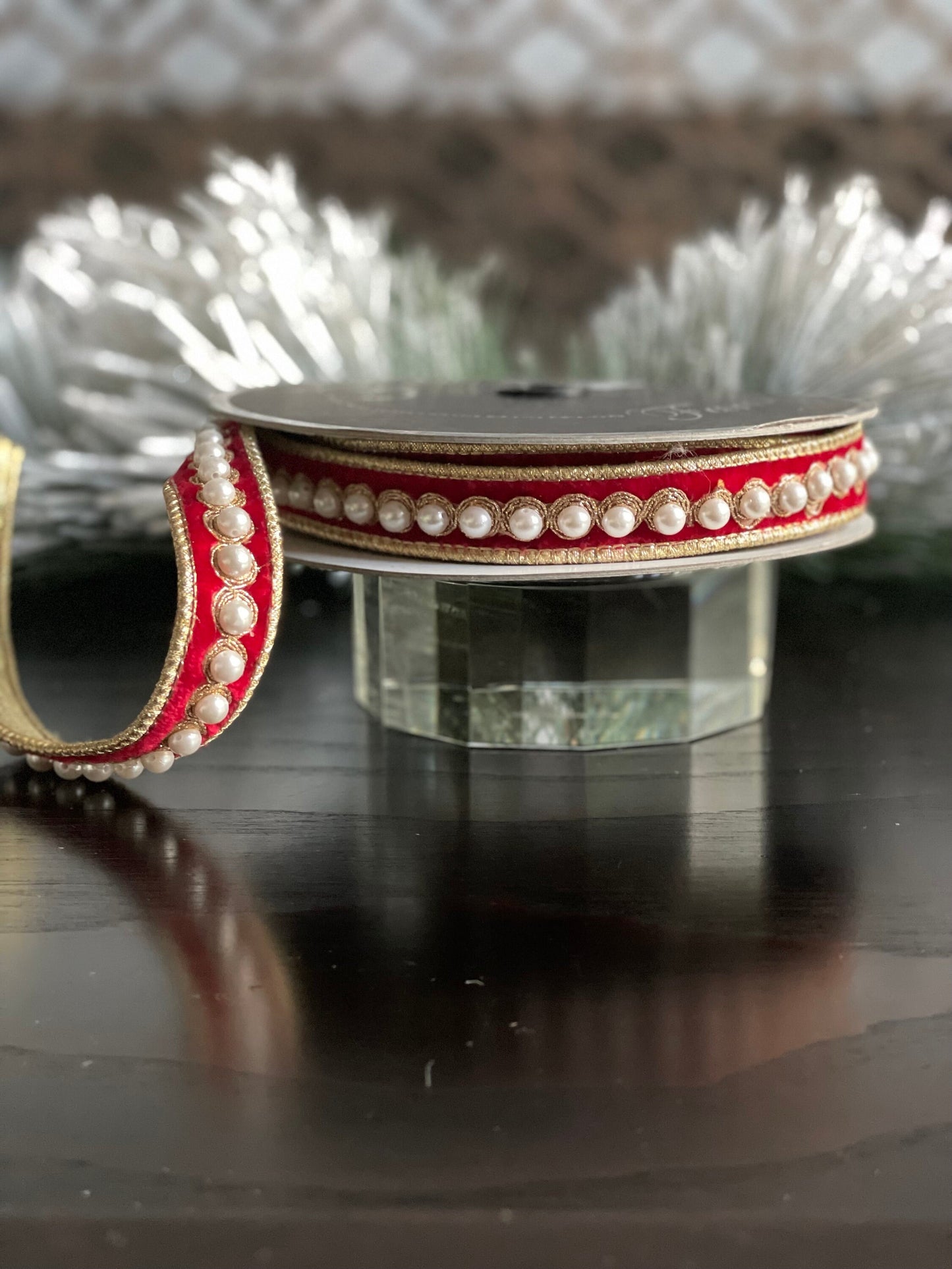 1” x 5 yds. Designer pearl borders red velvet wired ribbon.