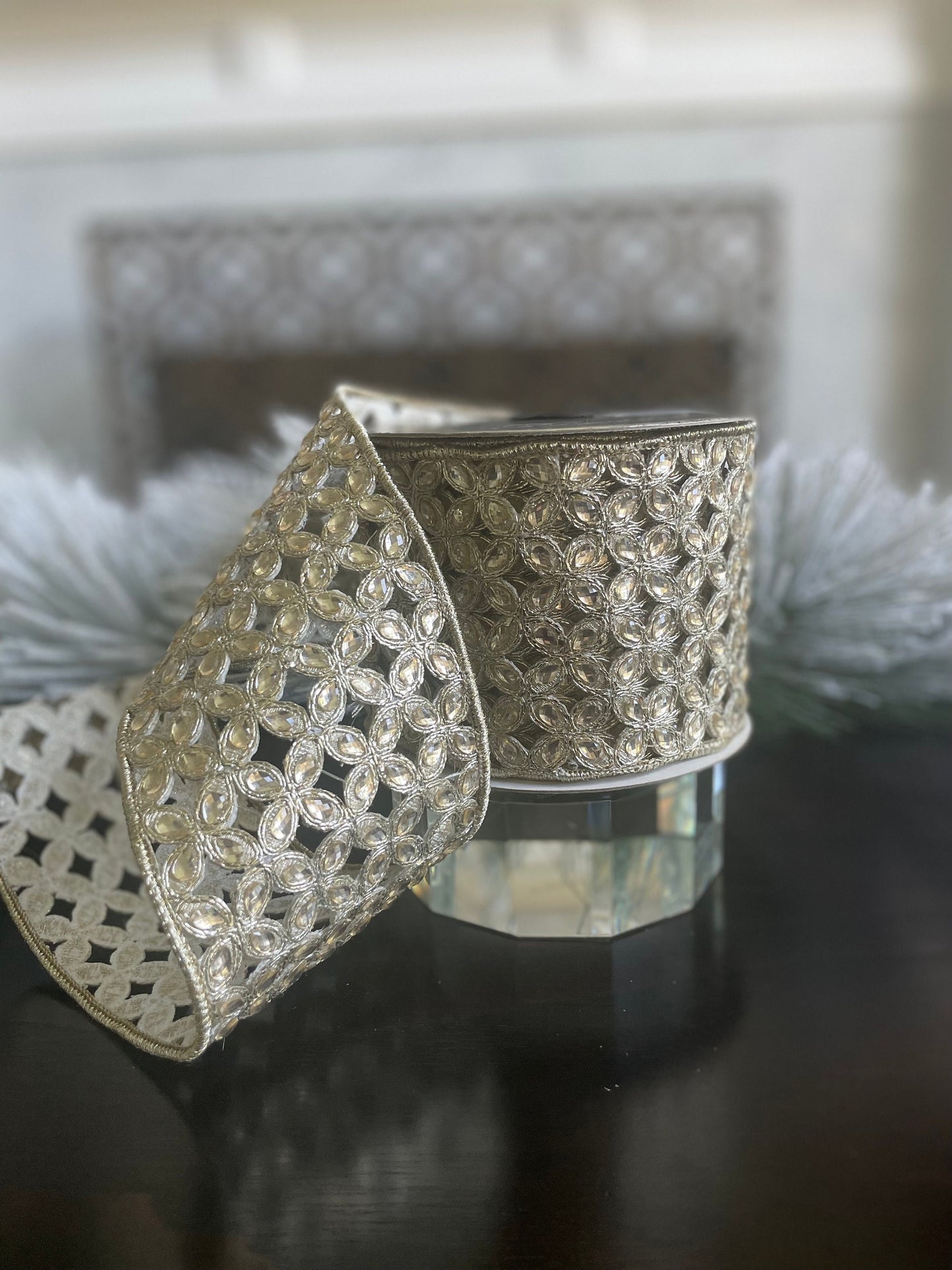 4"x 5 yds. jeweled platinum Christmas flowers wired ribbon. Farrisilk.