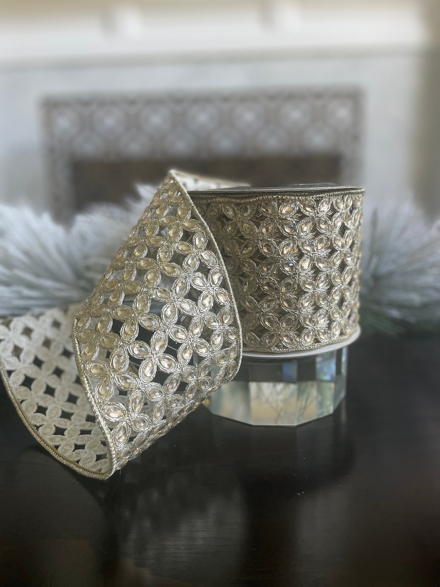 4"x 5 yds. jeweled platinum Christmas flowers wired ribbon. Farrisilk.