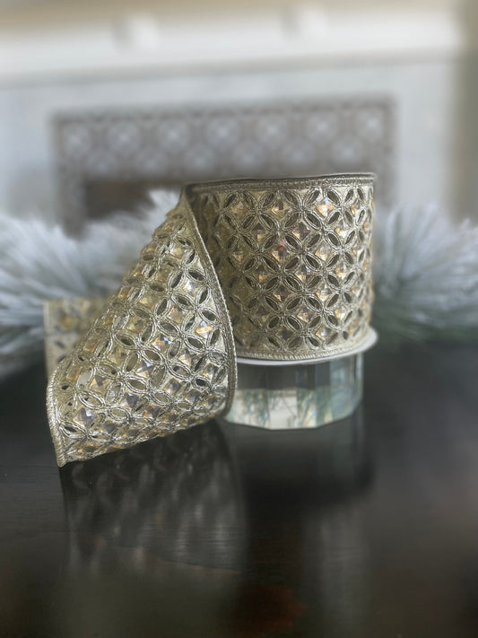 4"x 5 yds. Diamond lace jeweled platinum Christmas wired ribbon. Farrisilk.