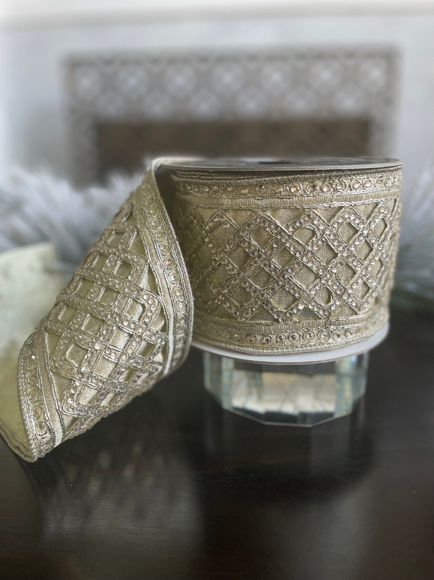 4"x 5 yds. Jewel lattice platinum wired ribbon. Farrisilk.