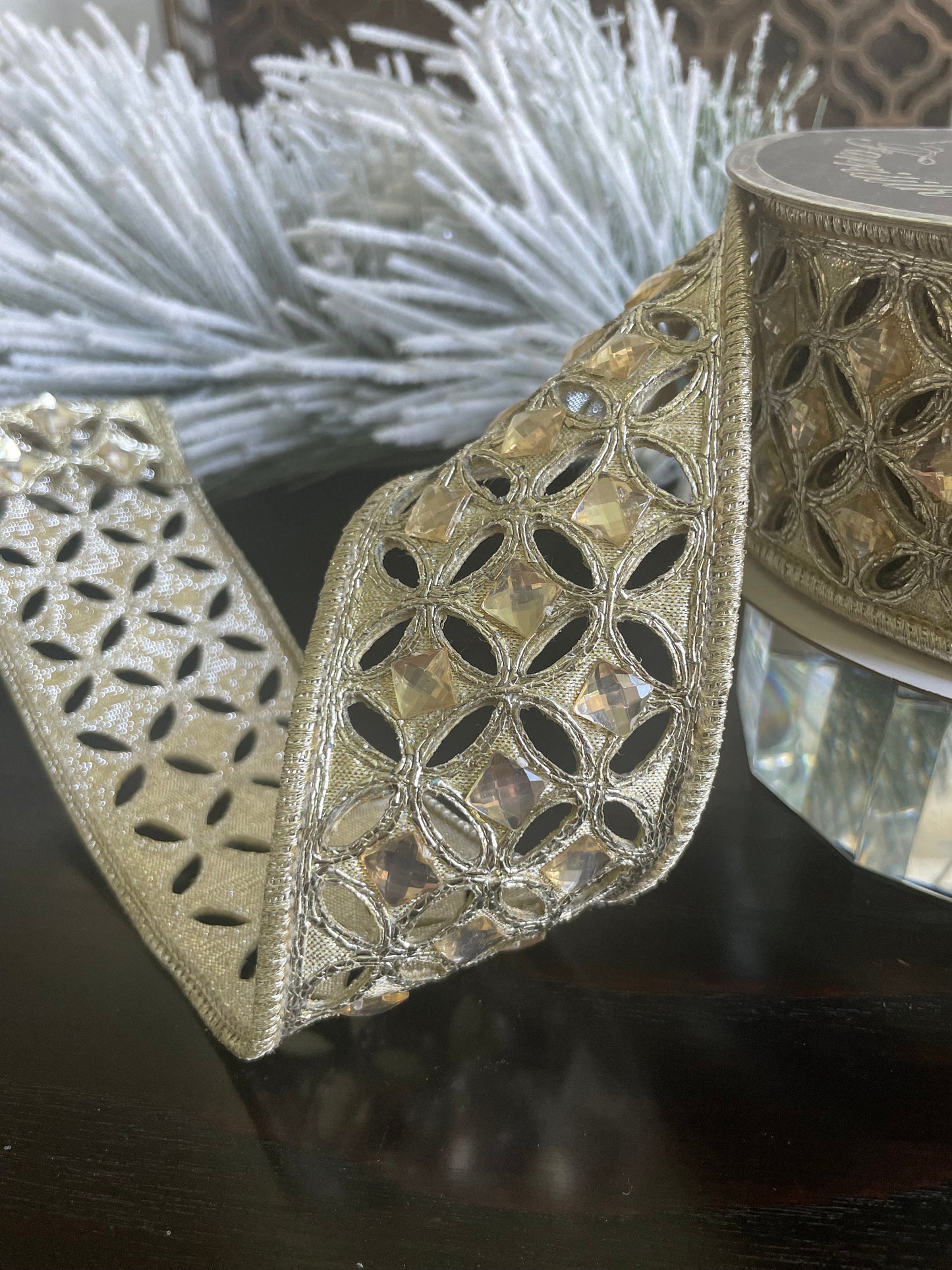 2"x 5 yrds. Diamond lace jeweled platinum Christmas wired ribbon. Farrisilk.