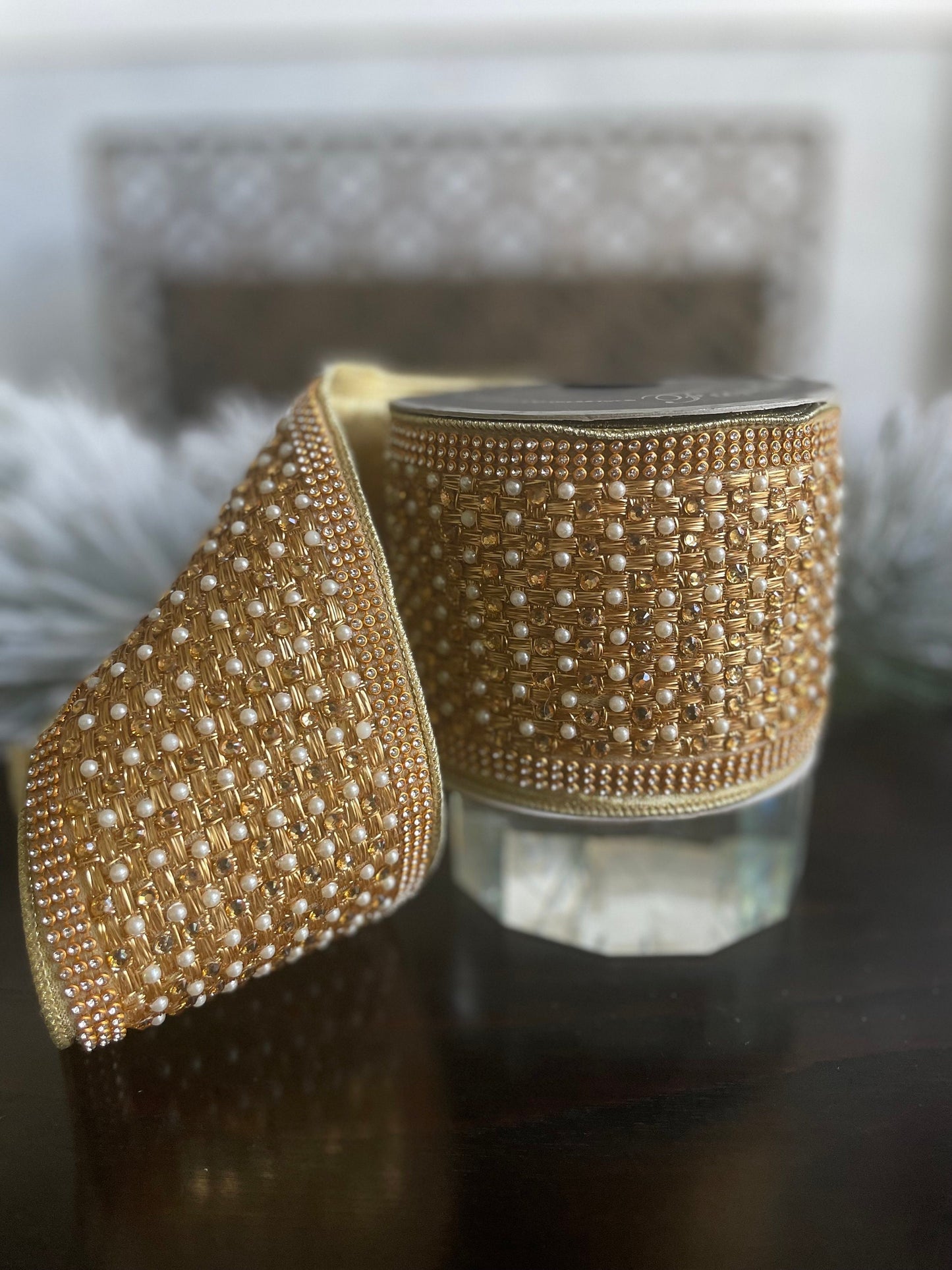 4"x 5 yrd. Pearl and diamonds wired ribbon. Gold. Farrisilk.