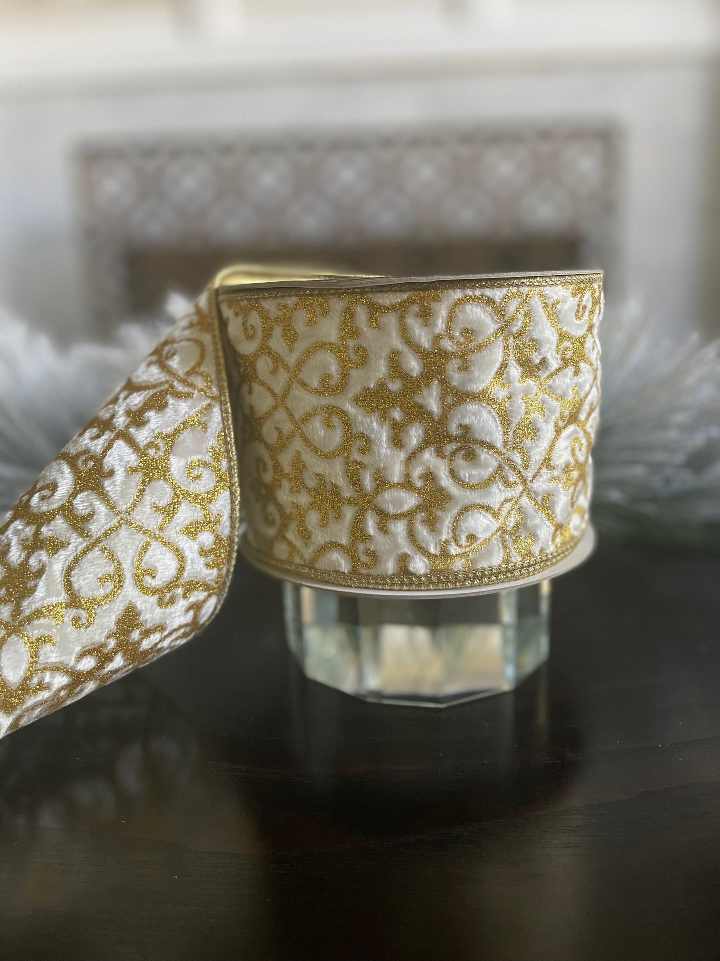 4” x 10 yds. Mini acantus gold and ivory wired ribbon. Farrisilk.
