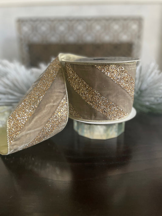 4” x 5 yds. Chunky stripes platinum glitter wired ribbon. Farrisilk.