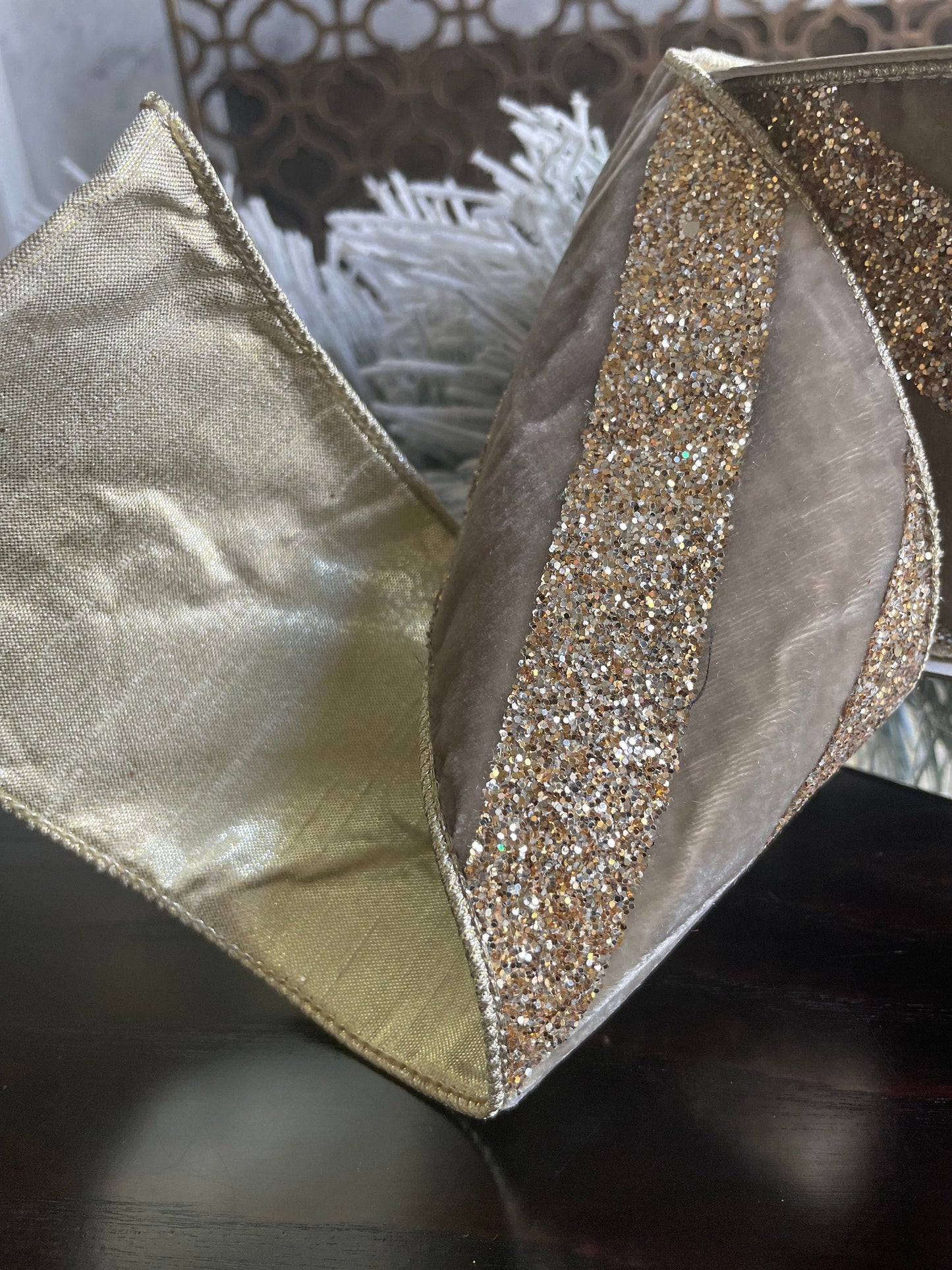 4” x 5 yds. Chunky stripes platinum glitter wired ribbon. Farrisilk.