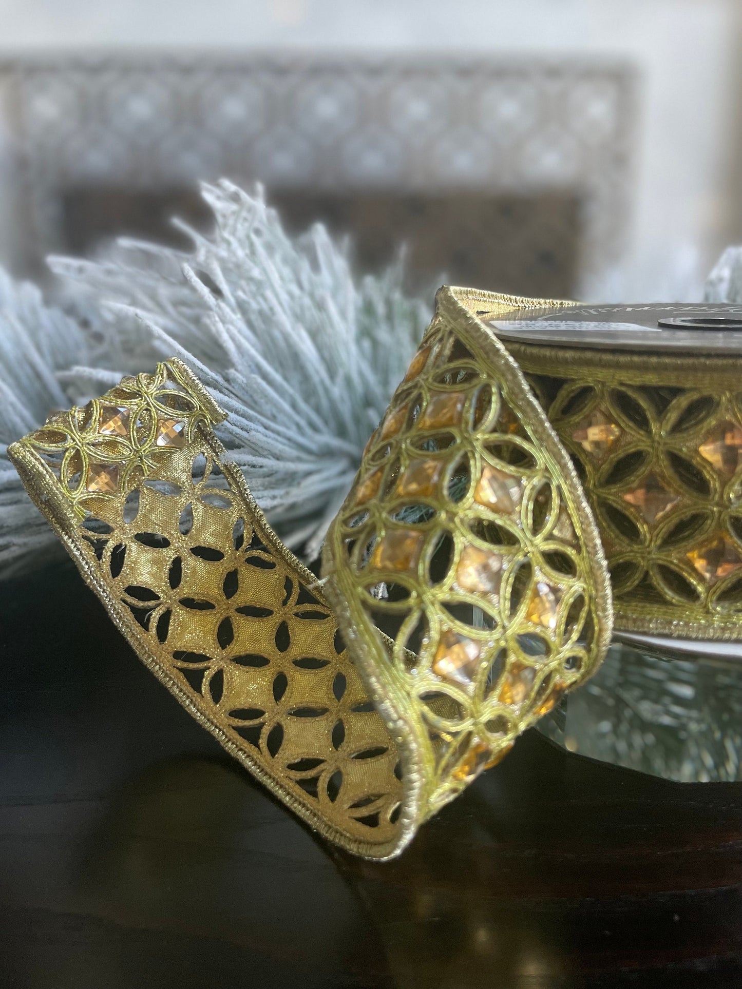 2” x 5 yds. Diamond lace gold wired ribbon. Farrisilk.
