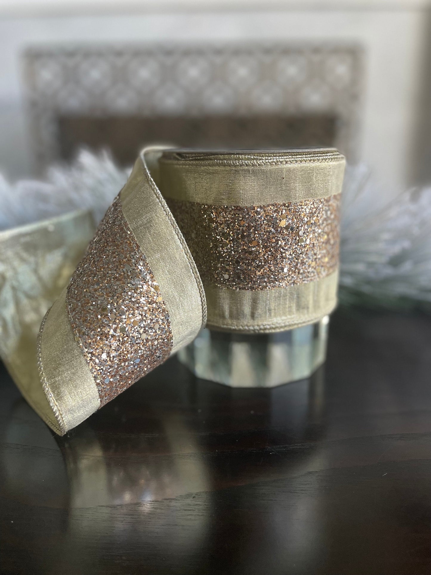 4” x 10 yds. Glitter trim platinum wired ribbon. Farrisilk.