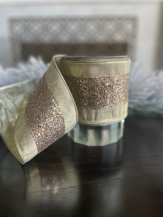 4” x 10 yds. Glitter trim platinum wired ribbon. Farrisilk.