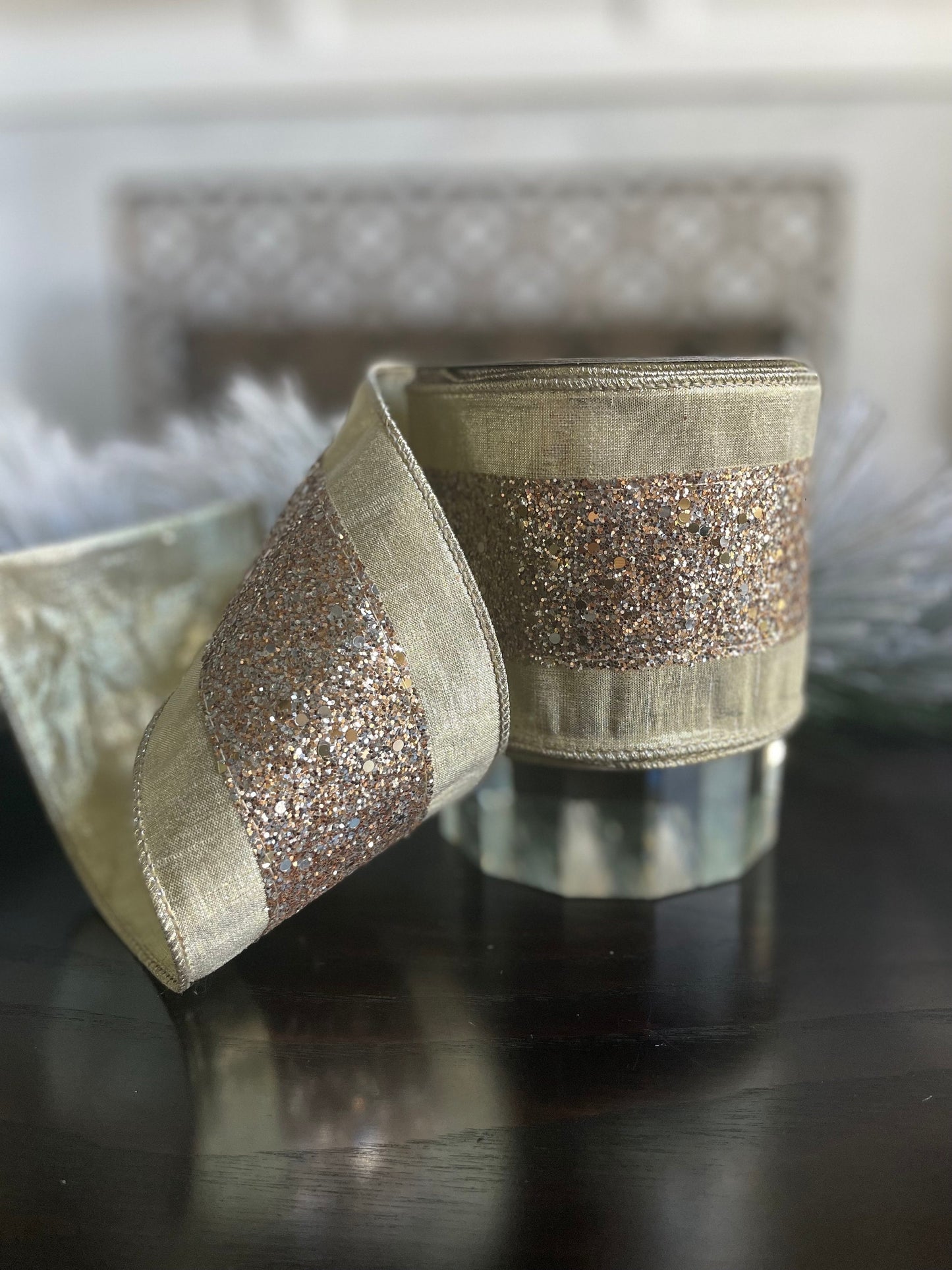 4” x 10 yds. Glitter trim platinum wired ribbon. Farrisilk.