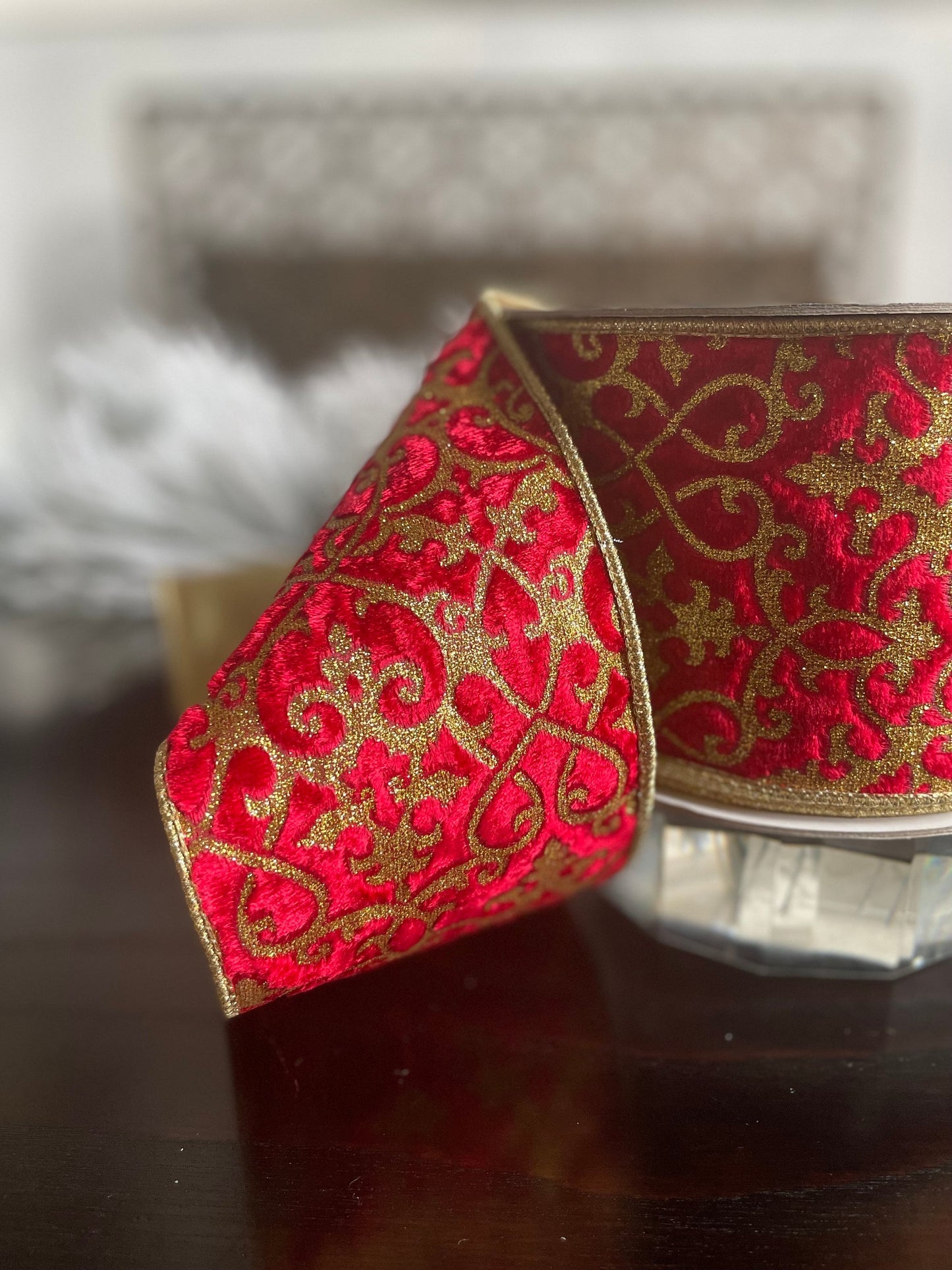 4” x 10 yds. Mini acantus gold and red wired ribbon. Farrisilk.