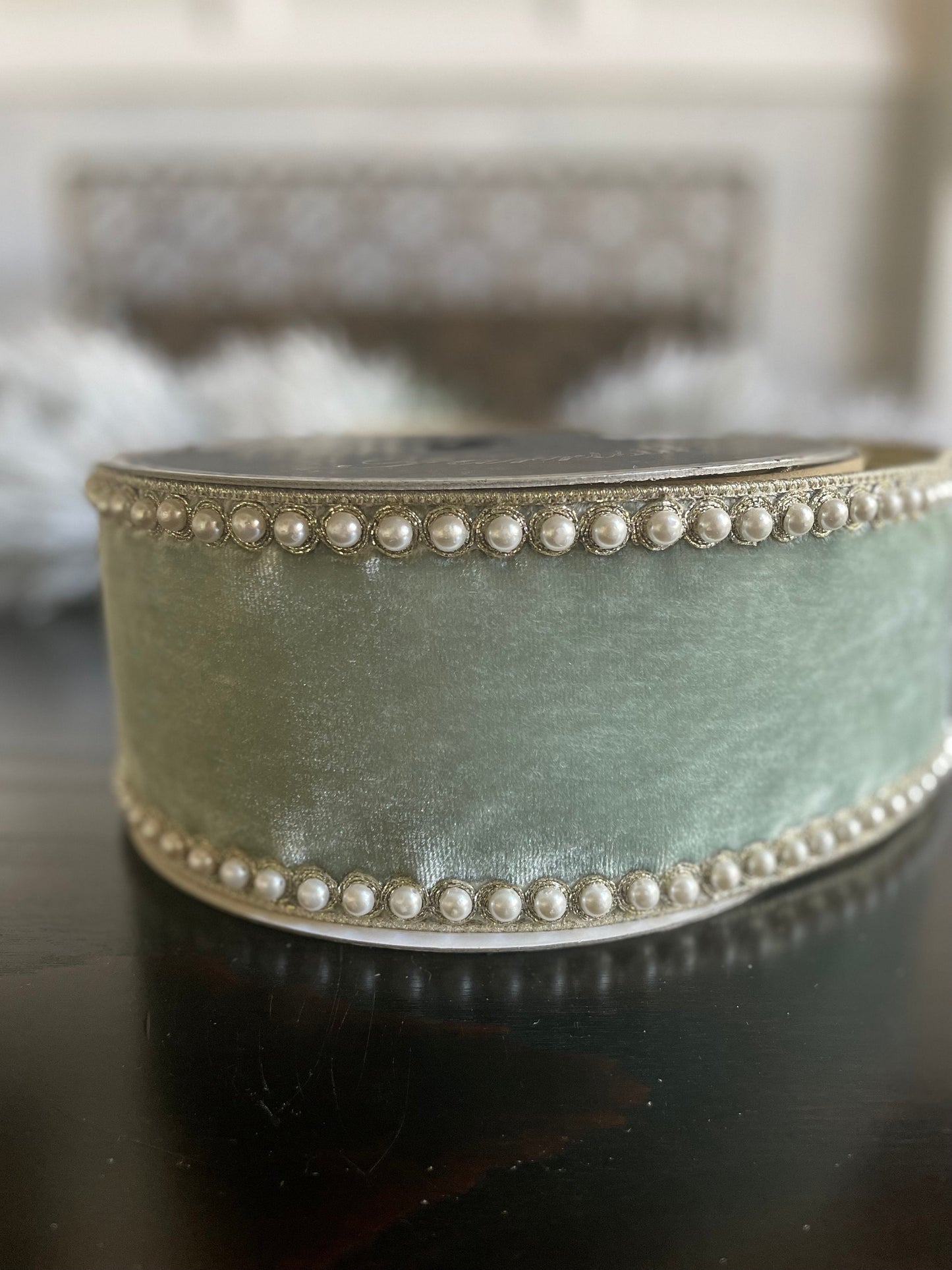4” x 5 yds. Designer pearl borders light blue velvet wired ribbon.