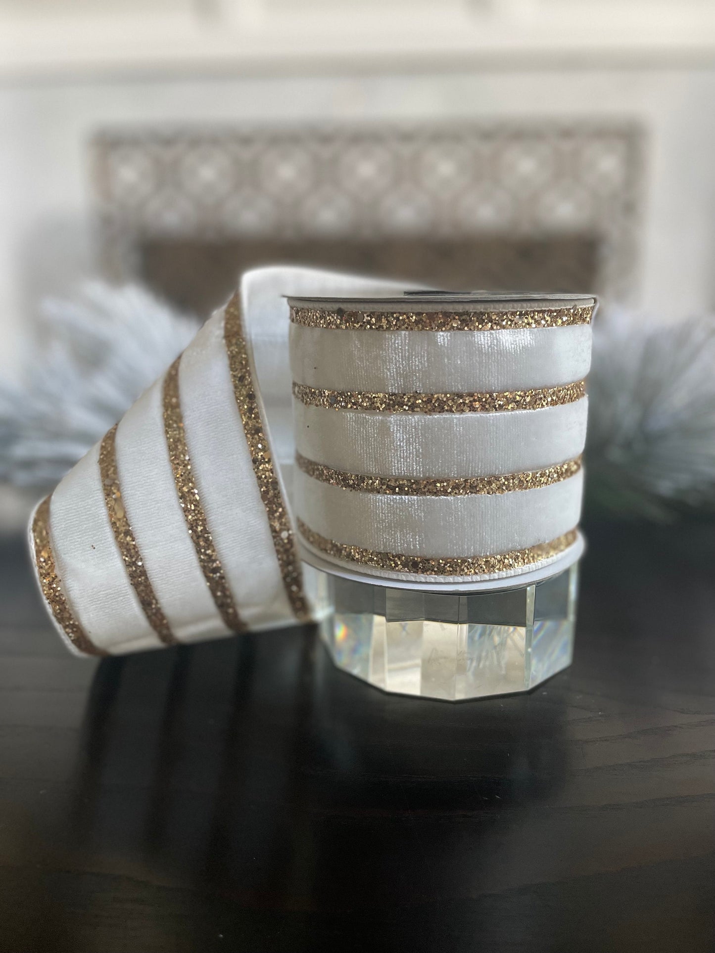 4” x 10 yds. Designer velvet glitter stripes ribbon. Wired. Farrisilk.