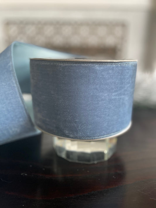 4” x 10 yds. Designer steel blue velvet ribbon. Wired. Farrisilk.