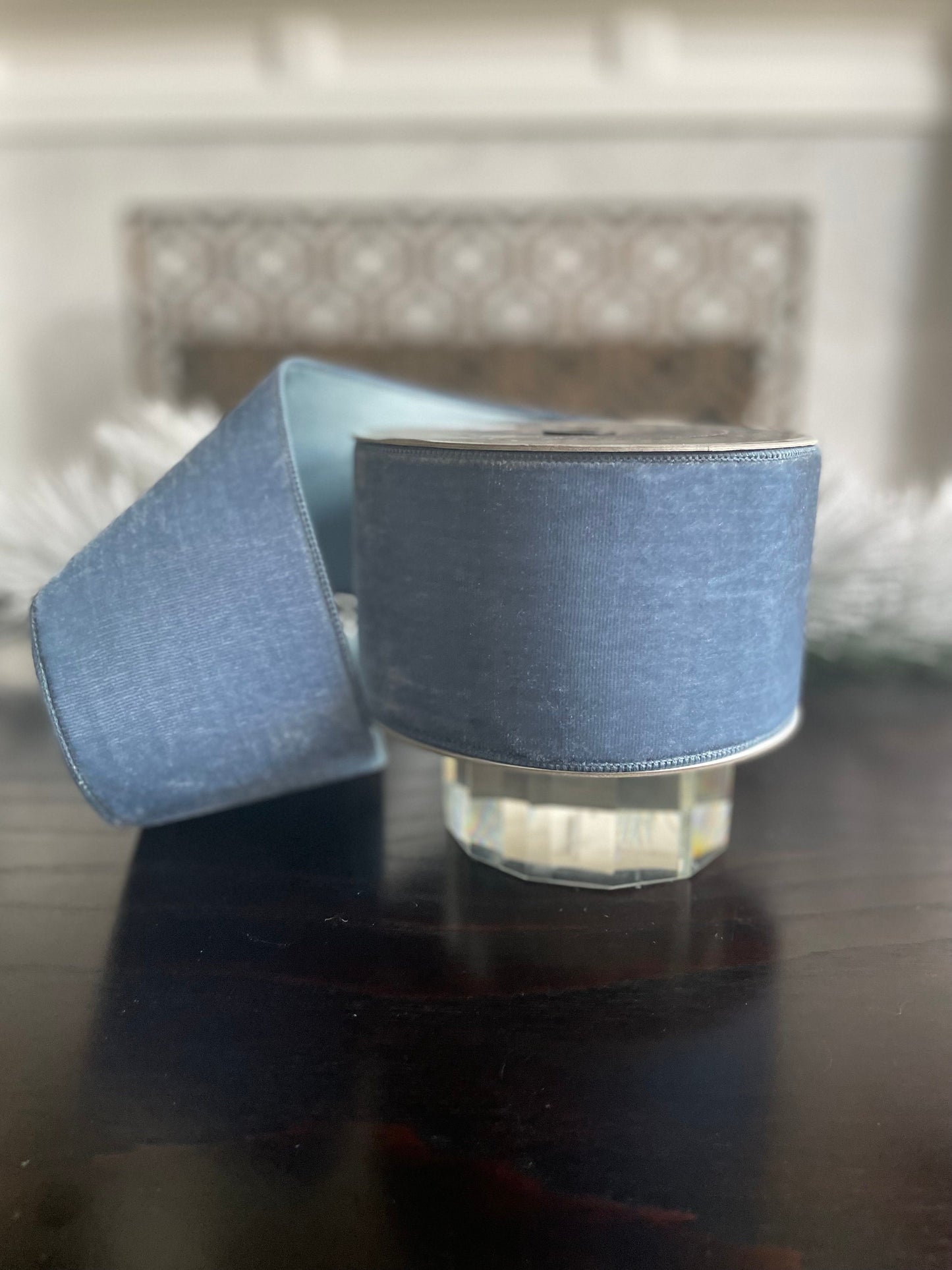 4” x 10 yds. Designer steel blue velvet ribbon. Wired. Farrisilk.