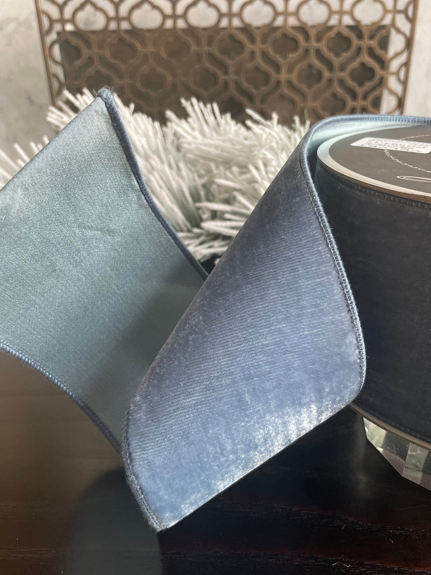 4” x 10 yds. Designer steel blue velvet ribbon. Wired. Farrisilk.
