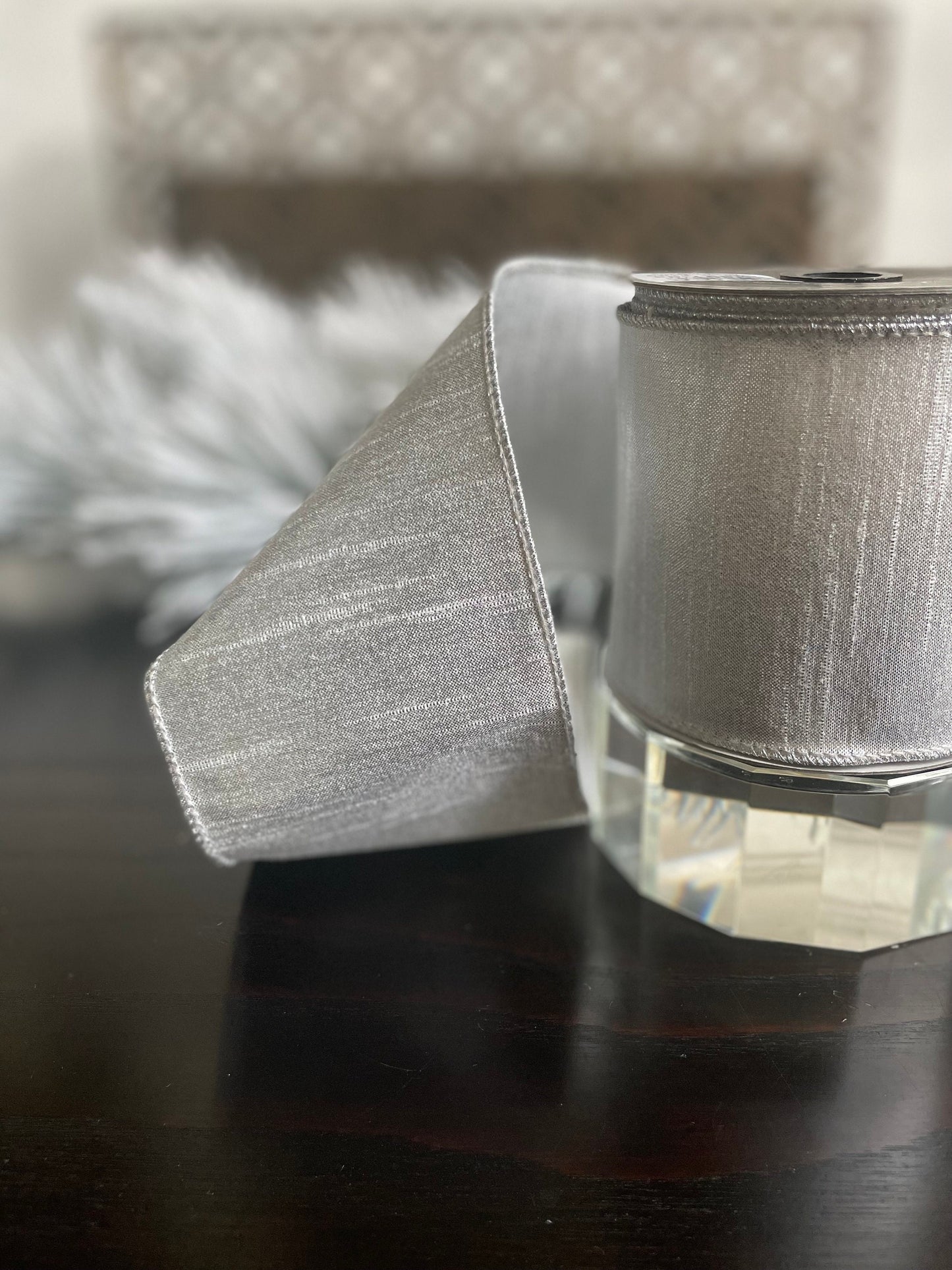 4” x 10 yds. Luster silver ribbon. Farrisilk. Wired.