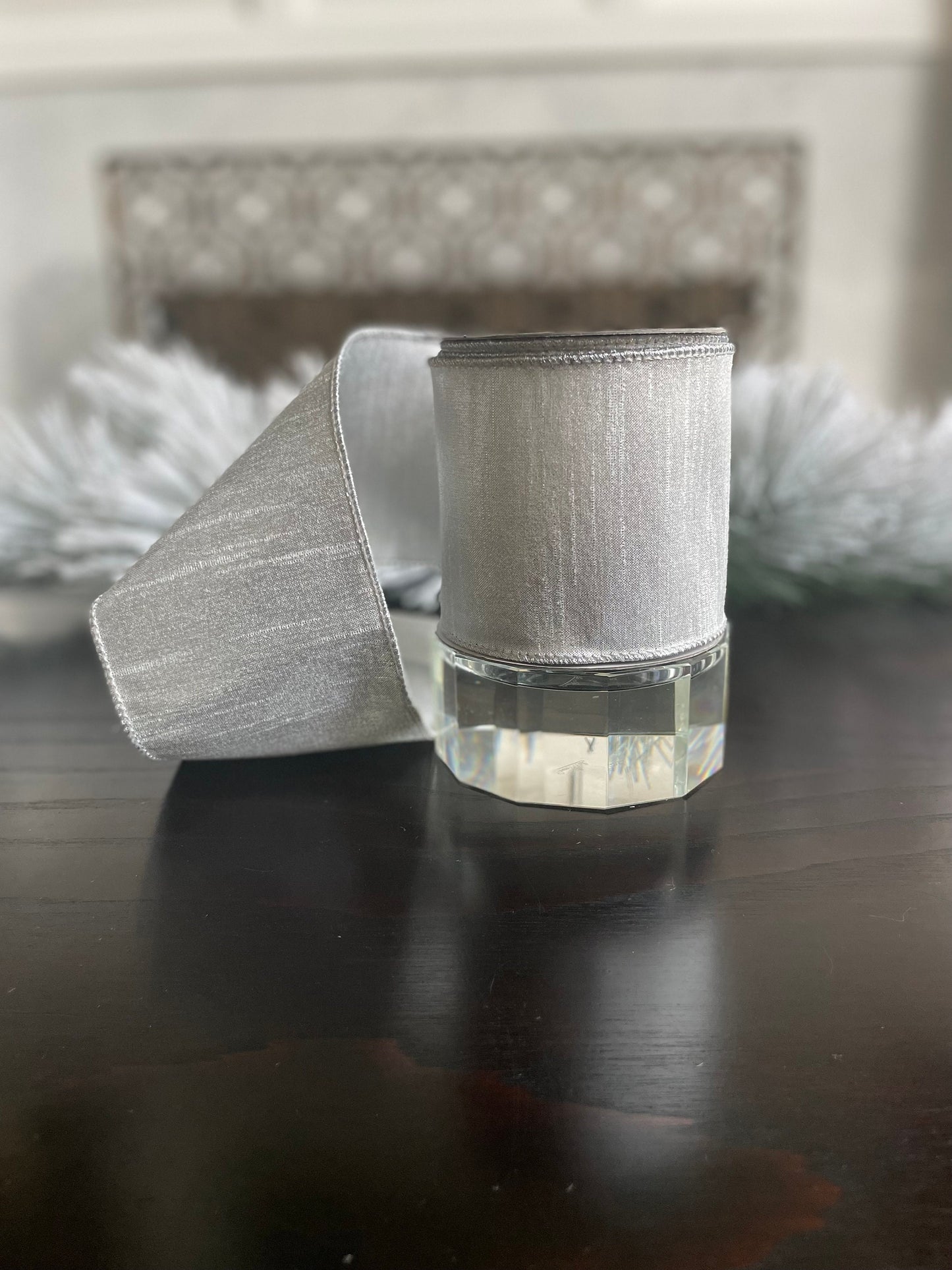 4” x 10 yds. Luster silver ribbon. Farrisilk. Wired.