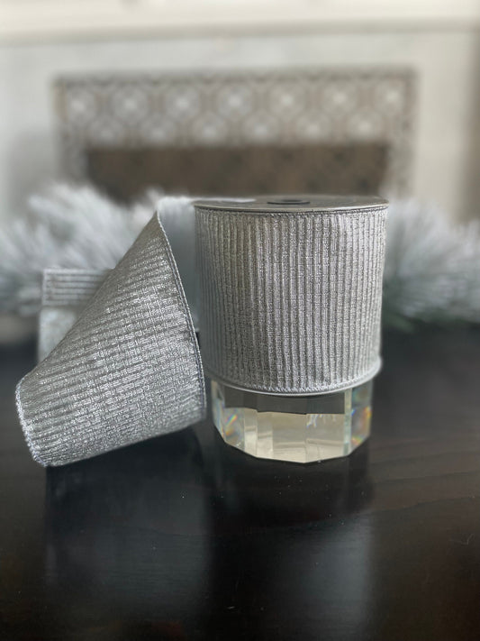 4” x 10 yds Designer pleated metallic, silver ribbon. Wired. Farrisilk.