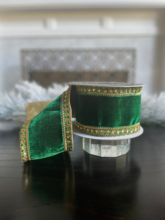 4” x 5 yds. Velvet King Edward emerald. Jeweled. Wired. Farrisilk.*